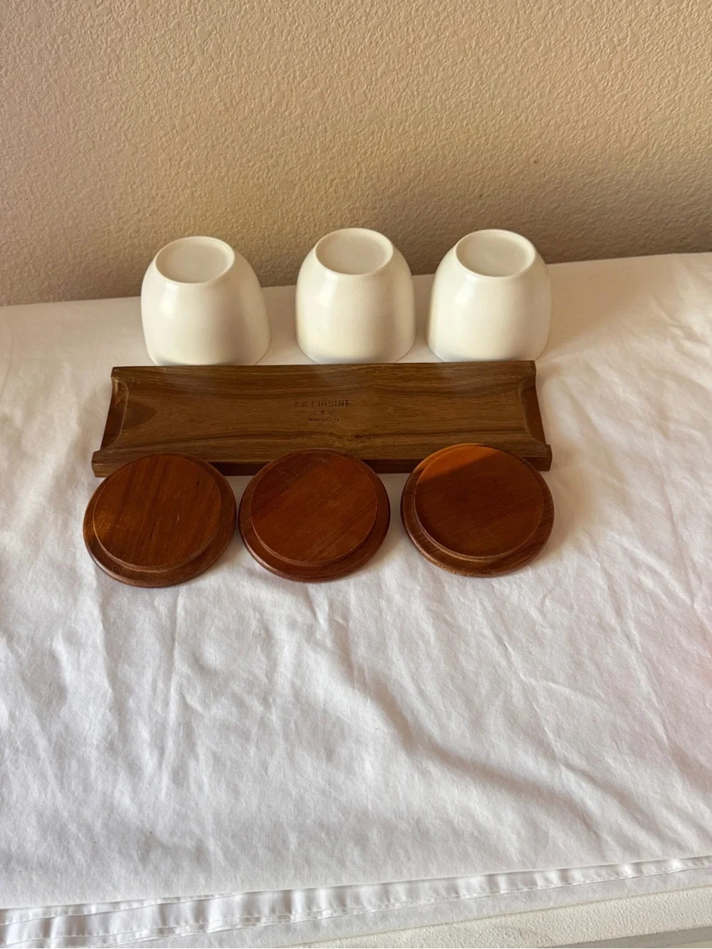 White Ceramic Condiment Trio with Wooden Lids and Tray